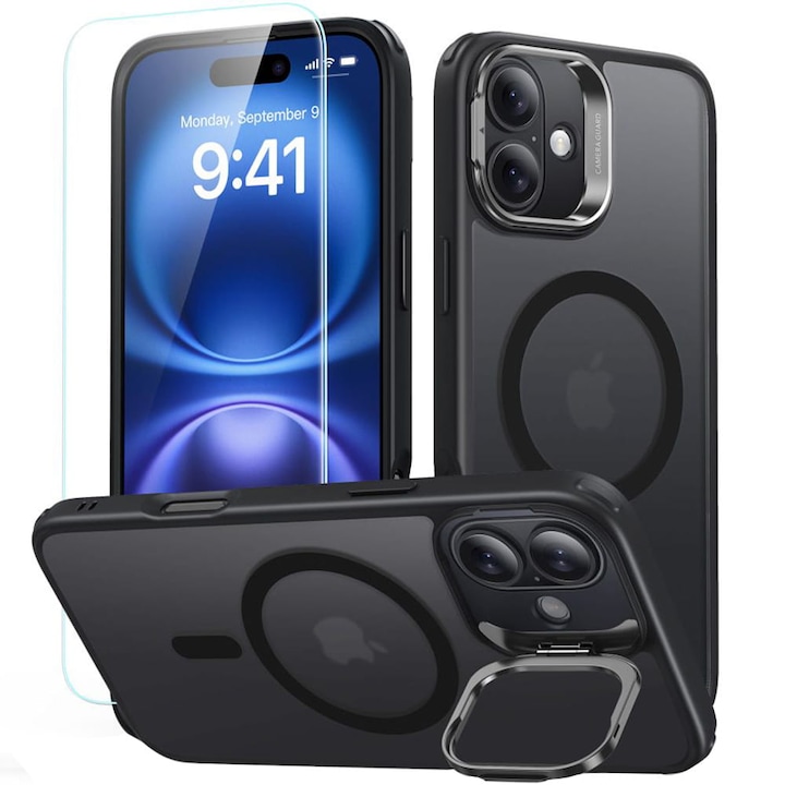 Készlet Tok és kijelzővédő üveg, ESR Classic Hybrid Kickstand Halolock MagSafe & Tempered Glass kompatibilis iPhone 16, Fekete és félig átlátszó