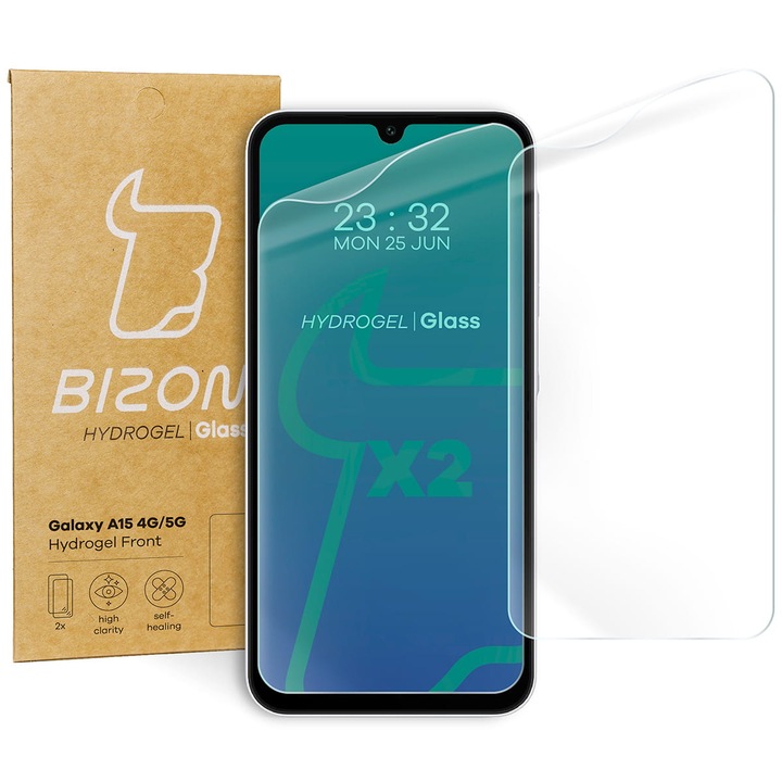2x fólia Készlet Bizon Glass Hydrogel Screen kompatibilis Galaxy A15 5G/4G / A25 5G / M15 5G, átlátszó