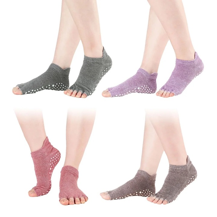 Sosete yoga fara degete, multicolor, 15x7.5x1cm, material bumbac pieptanat, set 4 perechi