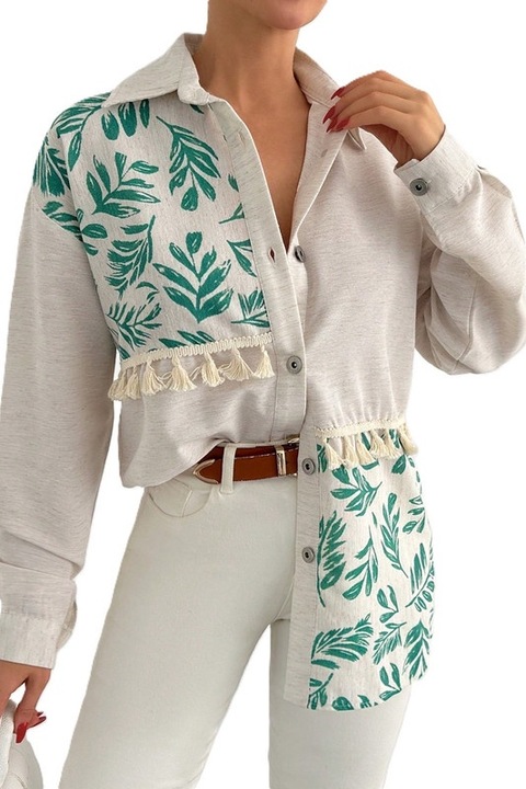 Camasa Dama, Casual, Imprimeu Vintage Si Decoratiuni Cu Franjuri, Bej/Verde, S