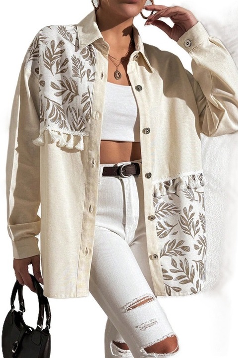 Camasa Dama, Casual, Imprimeu Vintage Si Decoratiuni Cu Franjuri, Bej, L