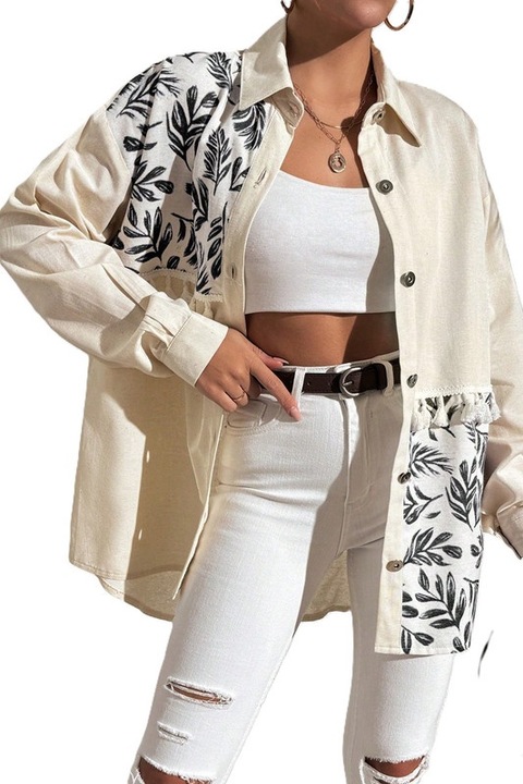 Camasa Dama, Casual, Imprimeu Vintage Si Decoratiuni Cu Franjuri, Bej/Negru, L