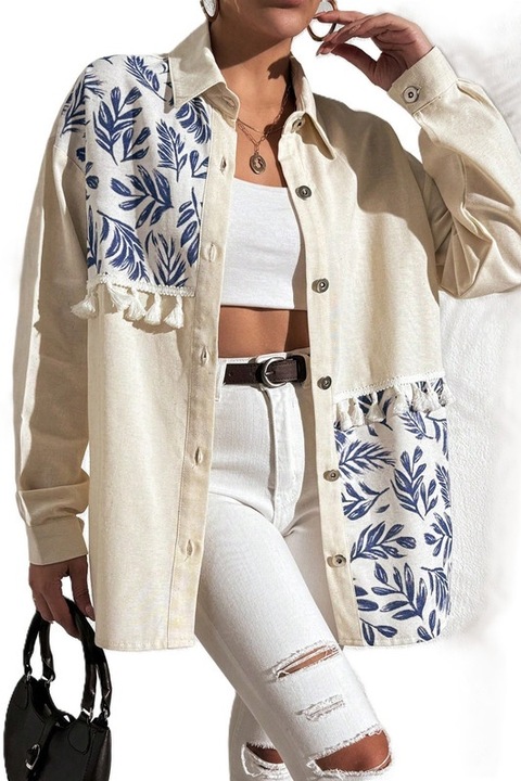 Camasa Dama, Casual, Imprimeu Vintage Si Decoratiuni Cu Franjuri, Bej/Albastru, L