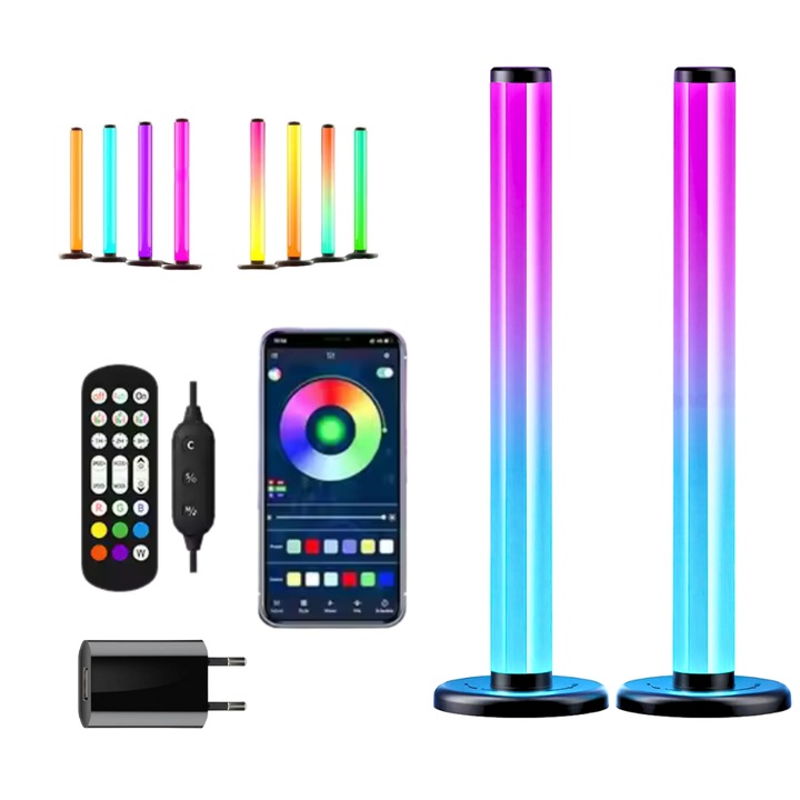 Комплект от 2 интелигентни 360° LED лампи с Bluetooth Professional RGB Binovation ®, околна светлина, светлинно шоу със синхронизиран звук, приложение за телефон, дистанционно управление, за игри, телевизор, високоговорител, USB връзка, размер 33 см