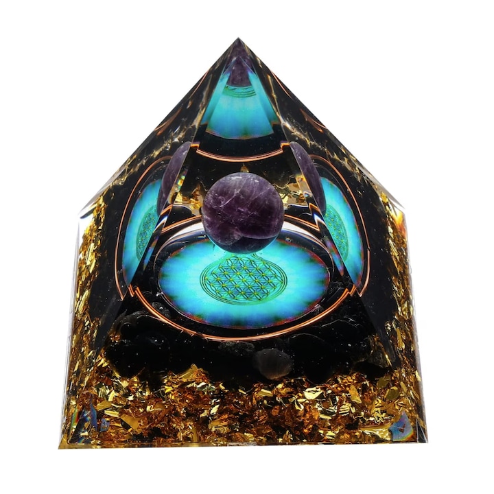 Orgon piramis, obszidián és ametiszt, VeliumCraft, 5x5 cm, energiagenerátorok, gyógyító kristályokkal és természetes kövekkel, védelemért és harmóniáért, egyedi modellek, lila galaxis