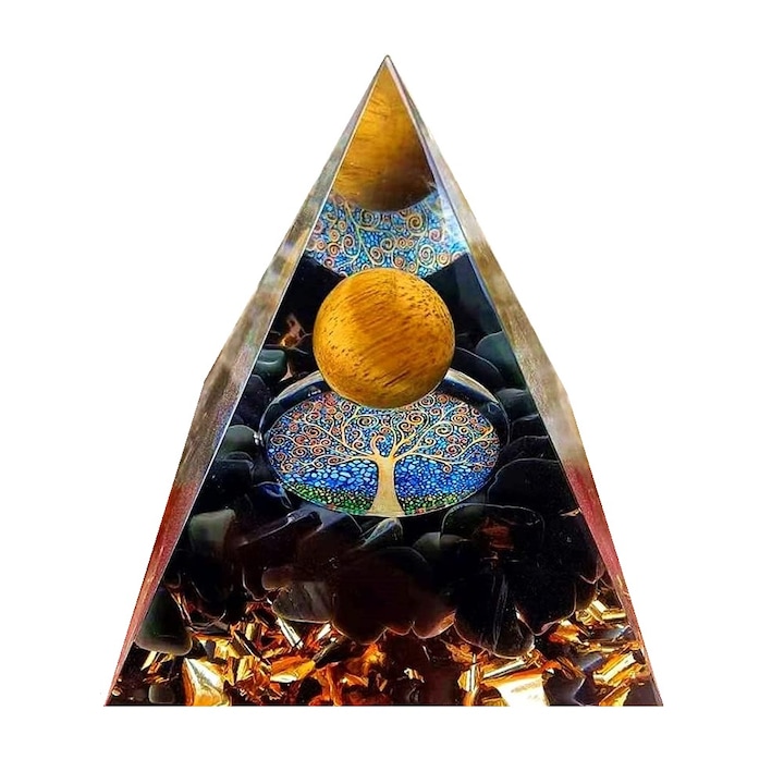 Piramida orgonica, obsidian si foita de aur, VeliumCraft, 5x5cm, generatoare de energie, cu cristale vindecatoare si pietre naturale, copacul vietii pentru meditatie si zen, protectie, model unic, purple gold