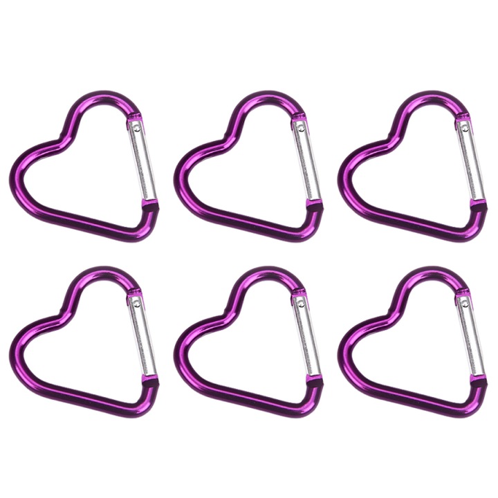 6 db szív alakú alumínium karabiner készlet, Enforose, lila, 45x43mm