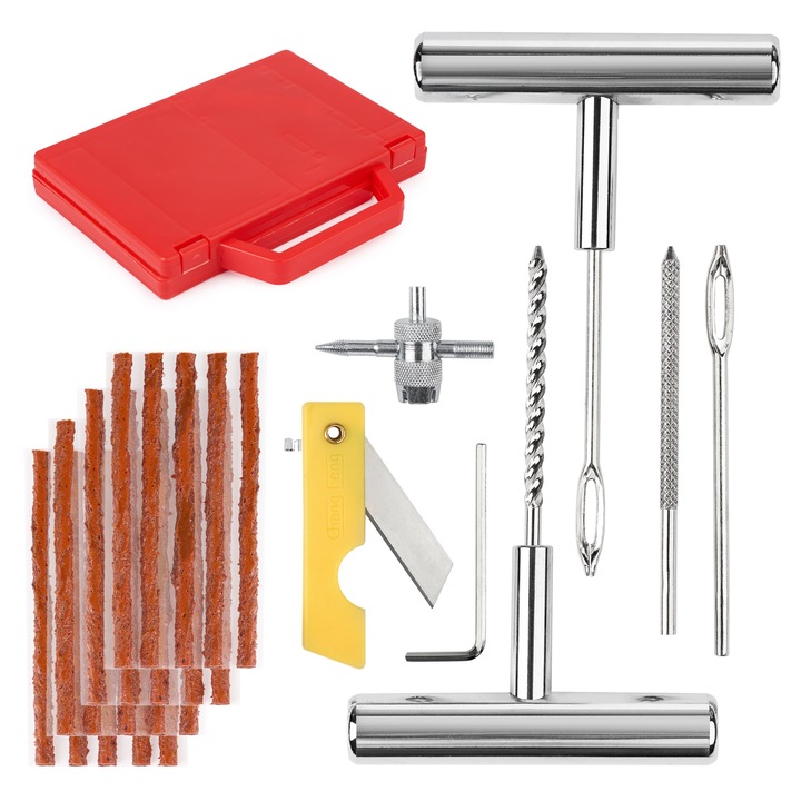 Kit Vulcanizare pentru Reparatie Pana Anvelope, Onuvio®, 28 Piese, Snur Cauciuc Reparare Pana Anvelope Tubeless, Maner Metalic si Cutie Depozitare si tansport, Portabil