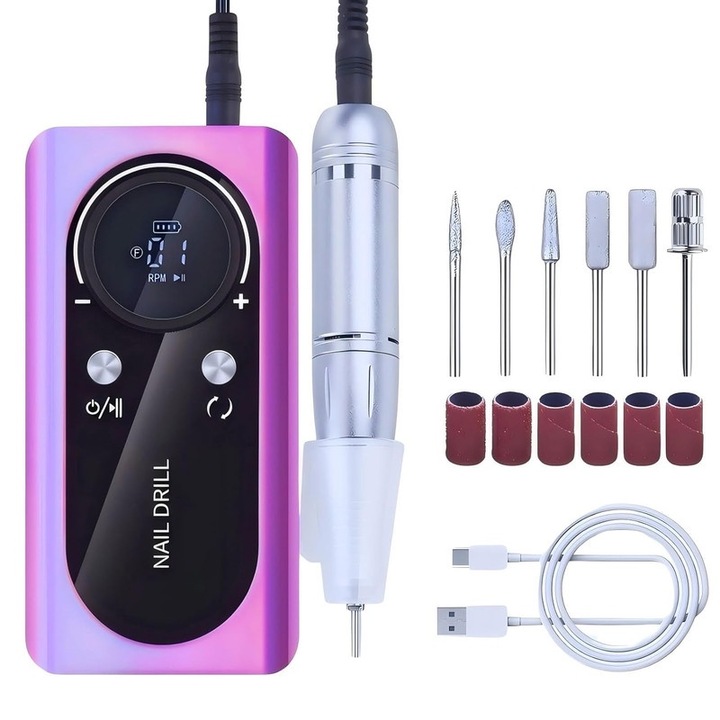 Електрическа пила за нокти, 45000 об/мин, преносима, лилава, за маникюр и педикюр
