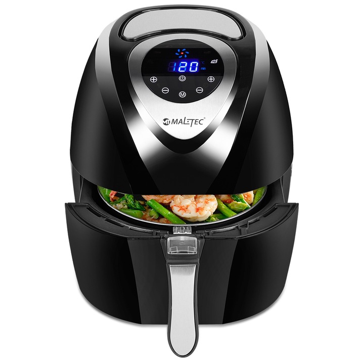 Friteuza Cu Aer Cald, Maltec, Airfryer2500W, 1400 W, 4, 3 L, Ecran Tactil LCD, 7 Programe De Gatit, Reglare Temperatura 80-200 °C, Negru