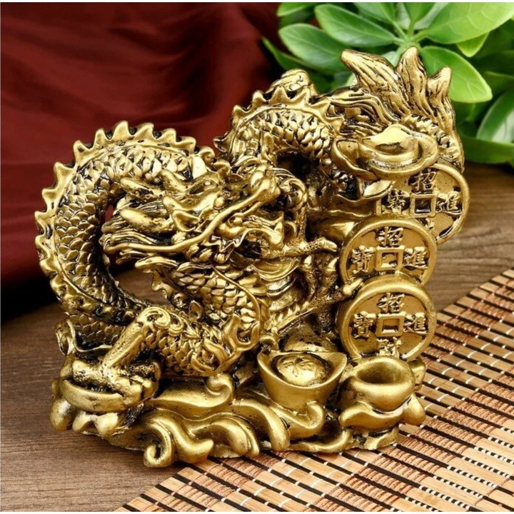 Dragon auriu pe monede chinezesti si pepite 11X14 CM