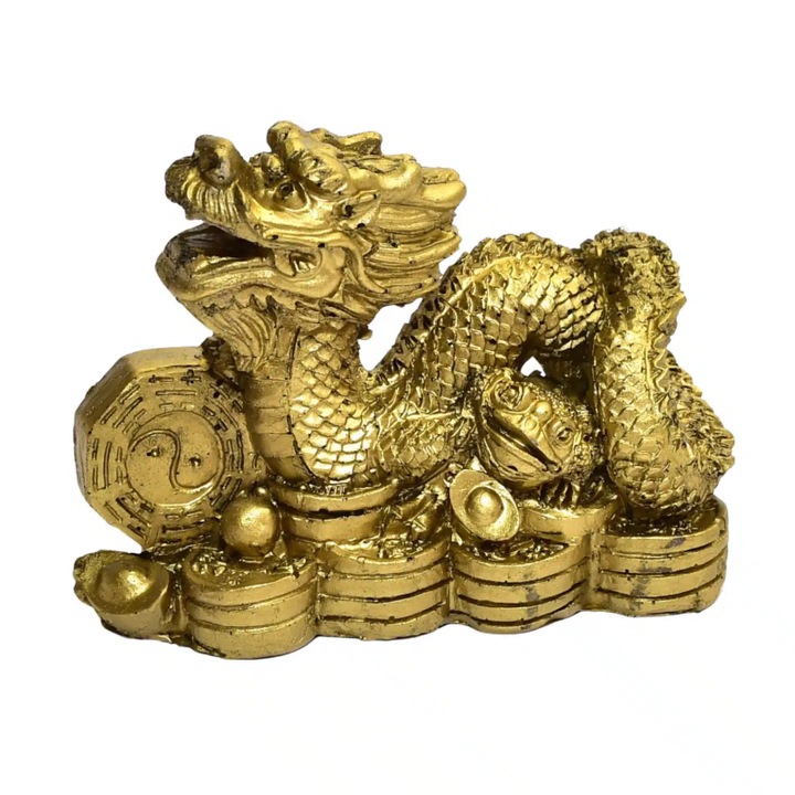 Dragon auriu cu Ba Gua si monede chinezesti feng shui 7.5x9,5 cm