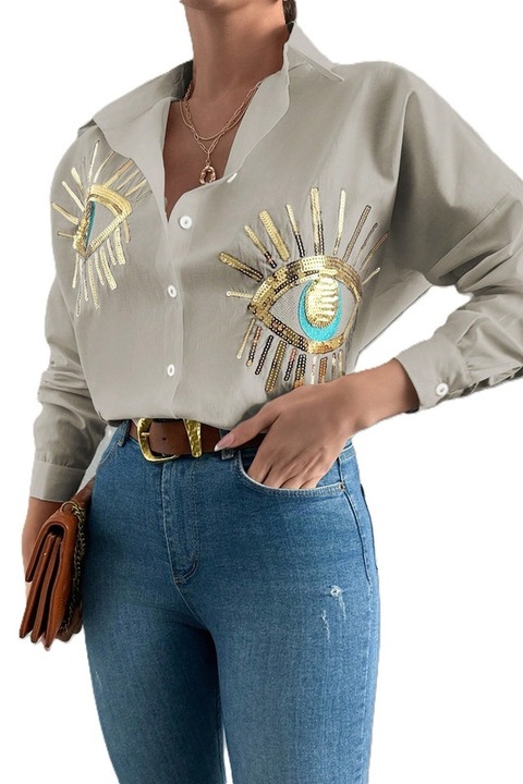 Camasa Dama, Oversize, Maneci Lungi, Brodata Cu Paiete, Alb, S, Bej