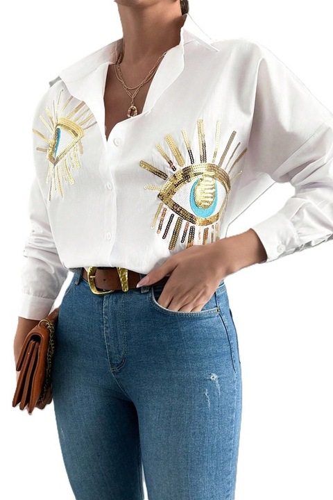 Camasa Dama, Oversize, Maneci Lungi, Brodata Cu Paiete, Alb, S, Alb