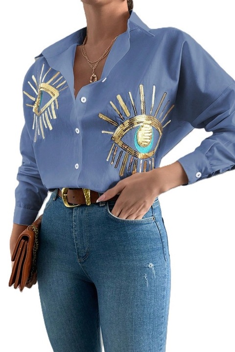 Camasa Dama, Oversize, Maneci Lungi, Brodata Cu Paiete, Alb, S, Albastru