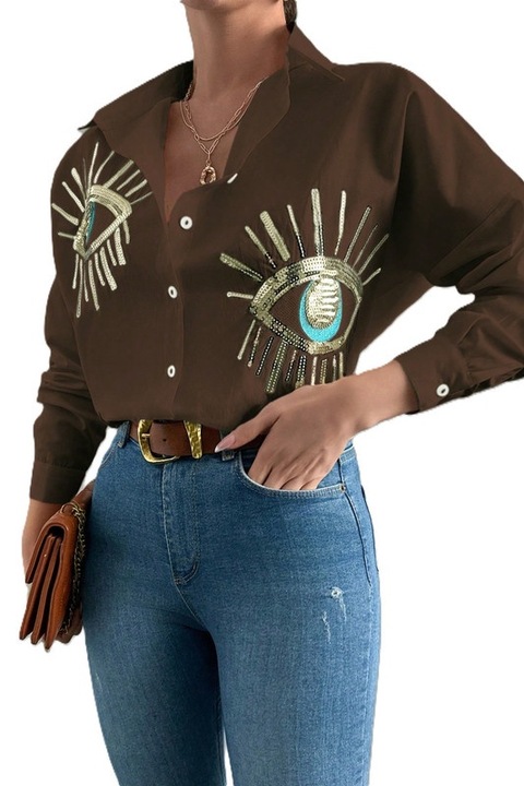 Camasa Dama, Oversize, Maneci Lungi, Brodata Cu Paiete, Alb, S, Maro