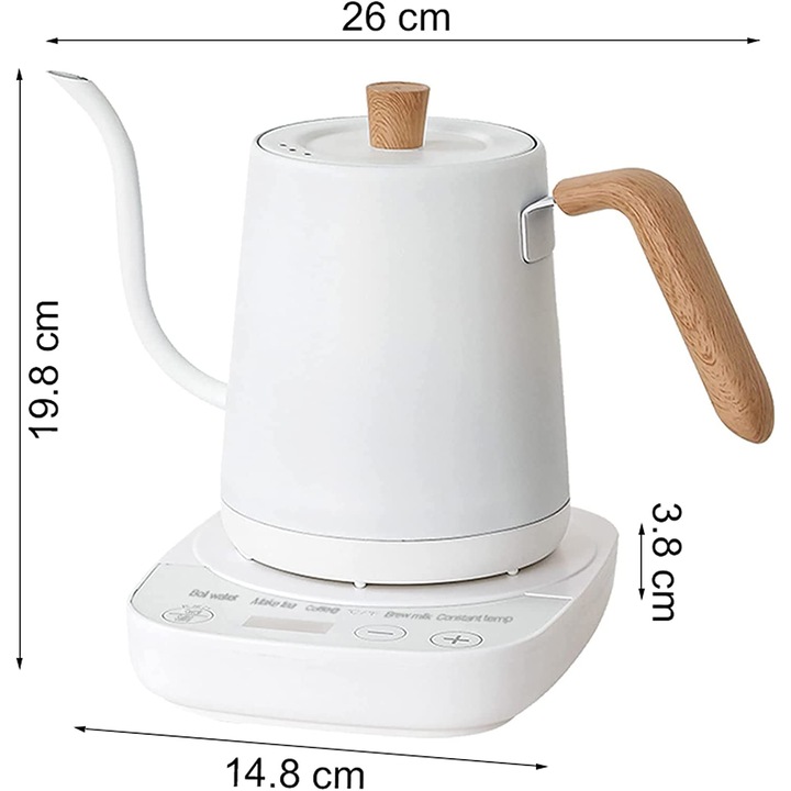 LYCENXI elektromos vízforraló, 900ml, rozsdamentes acél, automata hőfokszabályzó, hattyúnyak dizájn, fehér