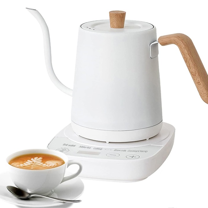 Fierbator electric LYCENXI, 900ml, inox, control automat al temperaturii, design gat de lebada, alb