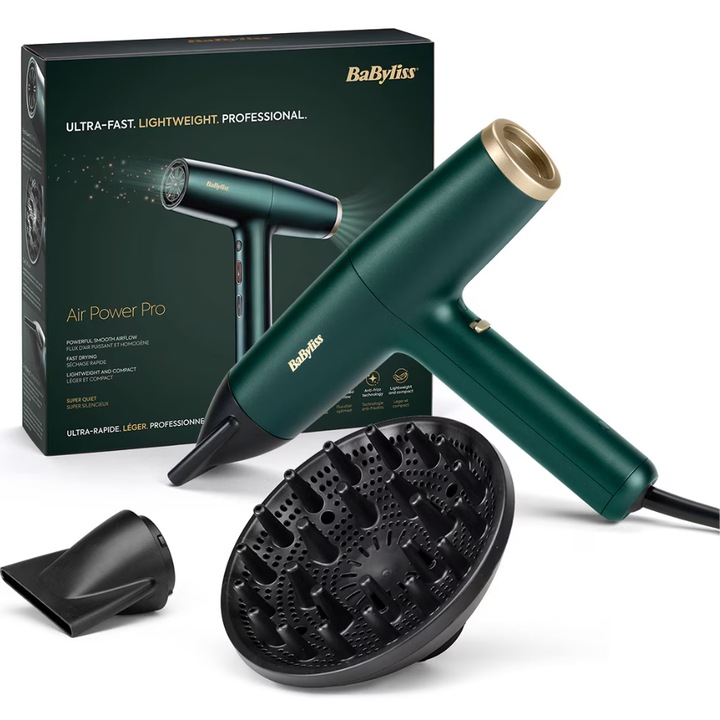 Сешоар BaByliss Air Power Pro D6555DE, 1700 W, 3 степени на скоростта, 4 степени на температурата, зелен