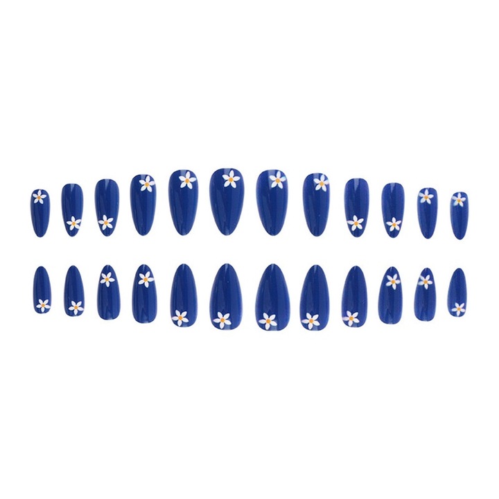 Комплект от 24 изкуствени нокти, сини, класически дизайн, различни размери