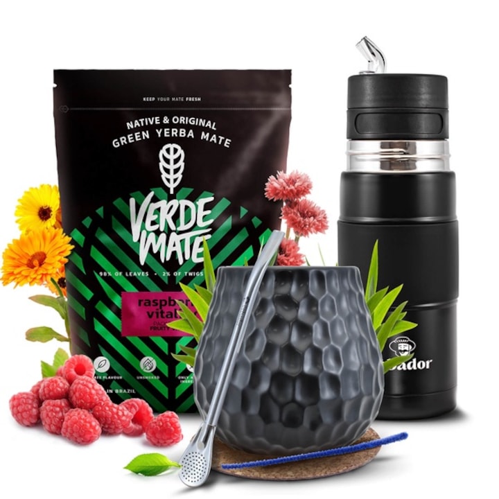 Комплект за чай Йерба Мате, Verde Mate Raspberry Vitality 500g, Yerbomos X Керамична чаша черна 400ml, Йерба с термос 500g