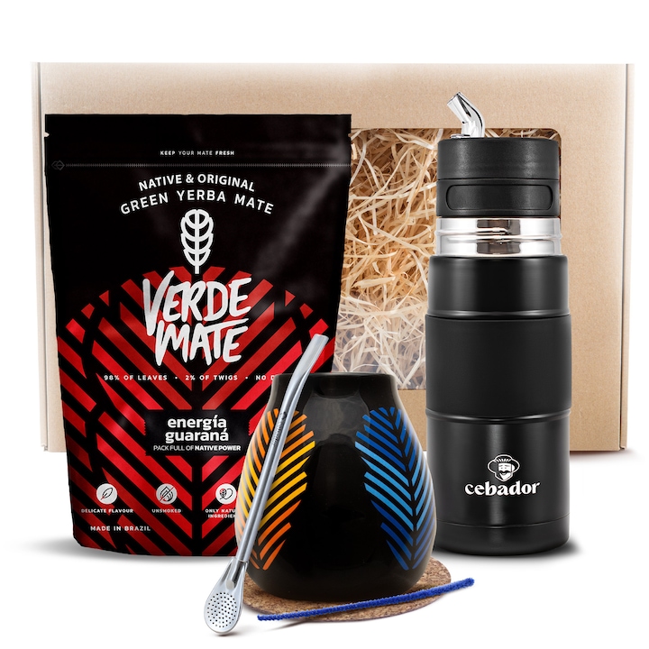 Комплект за чай Йерба Мате, Verde Mate Energia Guarana 400g, Yerbomos X Керамична чаша 350ml, Пълен комплект за начинаещи 400g