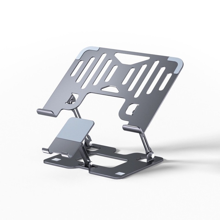 Suport laptop si telefon, ajustabil pe doua axe, design ergonomic, foldable, non-slip silicone, capacitate de incarcare 40KG, negru