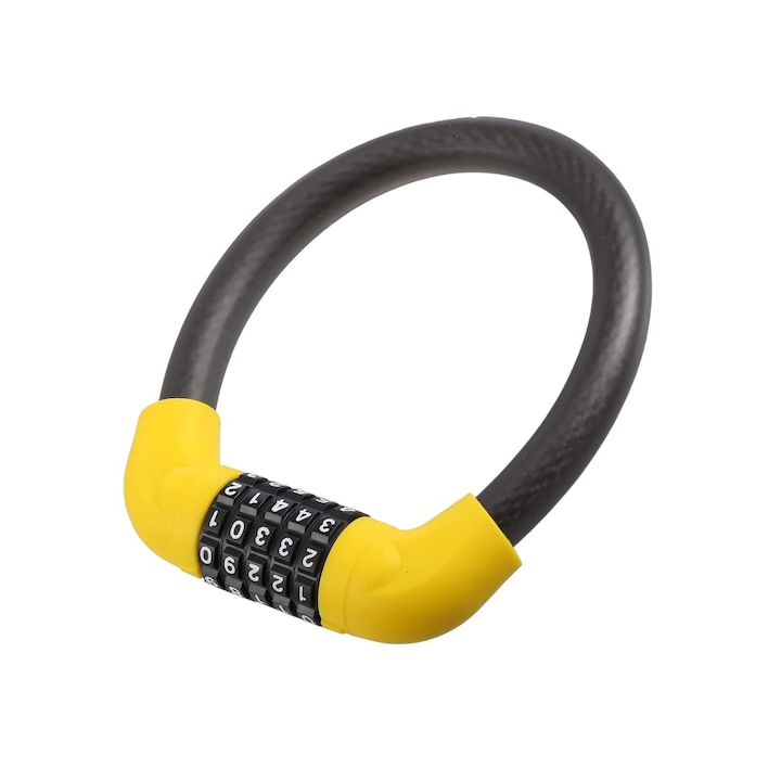 Lacat rotund antifurt, universal si rezistent, pentru Bicicleta/Motocicleta/Trotineta Electrica/Scuter, cifru 5 cifre, impermeabil, otel inoxidabil, 17x13x1.8cm, negru/galben