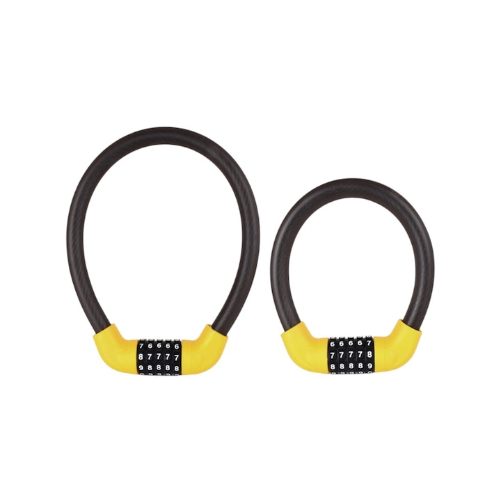 Set 2 lacate rotunde antifurt, universale si rezistente, pentru Bicicleta/Motocicleta/Trotineta Electrica/Scuter, cifru 5 cifre, impermeabil, otel inoxidabil, negru/galben