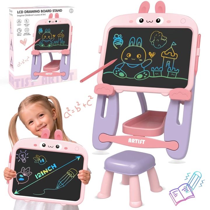 Set Sevalet cu Tabla de Desenat si Scaun pentru Copii PinkBunny, Ecran LCD, Dust-Free, Model Iepuras Roz Dragut, Inaltime Reglabila pe Doua Pozitii, Indiggo@, +3 Ani