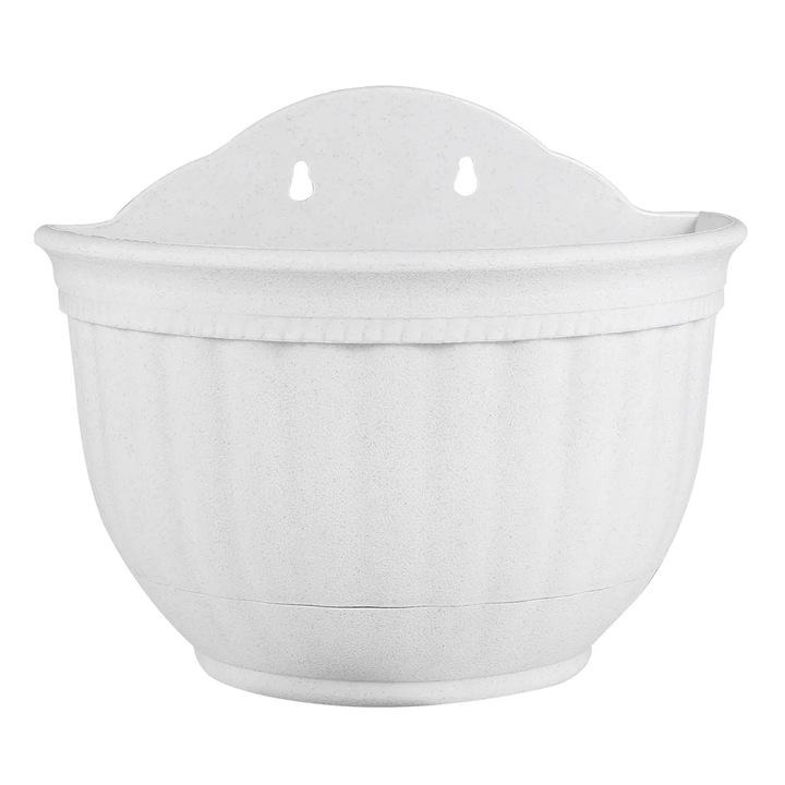 Ghiveci semirotund din plastic, design european, alb, cu suport pentru suspendare