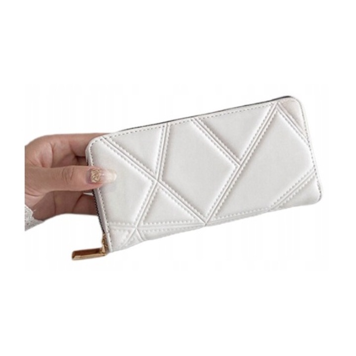 Portofel de dama, Dabola, Fara marca, Piele ecologica, 19.5 x 10 x 2.5 cm, 8 compartimente pentru carduri, 2 buzunare pentru bancnote, 1 buzunar pentru monede, Alb