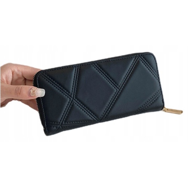 Portofel dama, Dabola, Fara marca, Piele ecologica, 19.5 x 10 x 2.5 cm, 8 compartimente pentru carduri, 2 buzunare pentru bancnote, 1 buzunar cu fermoar, Organizator, Elegant, Ideal pentru cadou, Negru