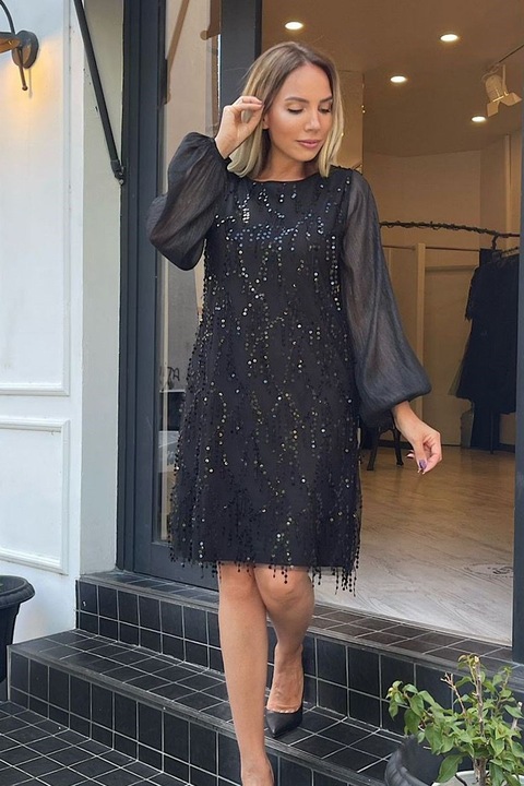 Rochie pentru ocazii, cu paiete, model elegant, culoare negru, Negru stralucitor