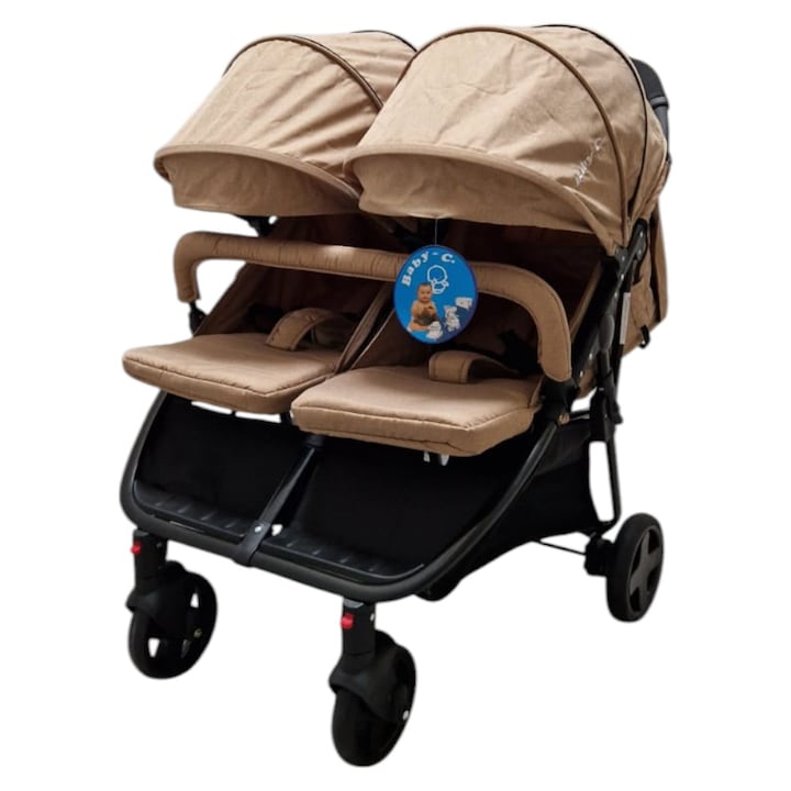 2 в 1 количка за близнаци BABY CARE, PRO P798, алуминиева рамка, 5-степенна регулируема облегалка, амортисьори, крачна спирачка, сгъваема, кафяво злато