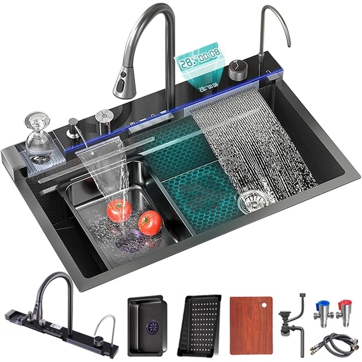 Set chiuveta multifunctionala smart, NEXTLY, afisaj digital, doua cascade, iluminare ambientala, spalator pahare, dozator detergent, baterie extensibila cu 3 functii, tocator, tava si sita inclusa, anti zgarieturi, sistem preaplin, 45x75cm