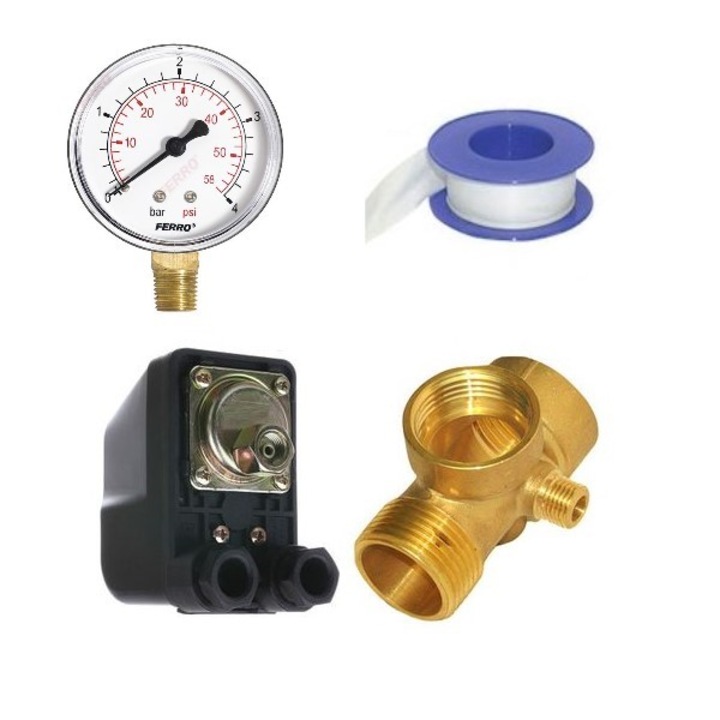 Kit asamblare pompa submersibila, presostat cu piulita olandez, manometru, racord 5 cai, banda teflon