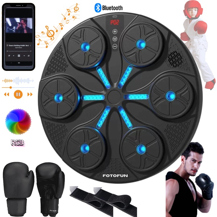 Aparat de Box Inteligent FOTOFUN® cu Bluetooth, Lumini RGB, Manusi Incluse si Fixare Velcro, USB, 35x35x10 cm, Home Gym, negru