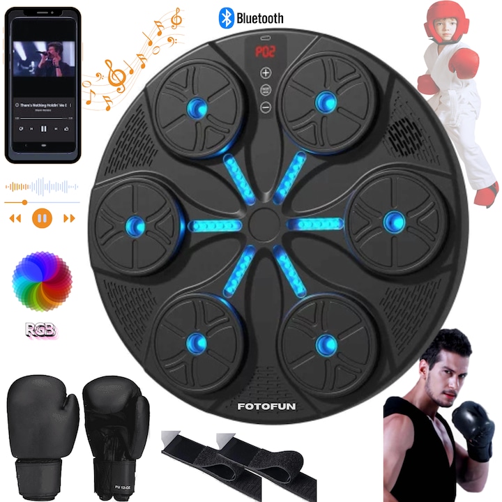 Aparat de Box Inteligent FOTOFUN® cu Bluetooth, Lumini RGB, Manusi Incluse si Fixare Velcro, USB, 35x35x10 cm, Home Gym, negru