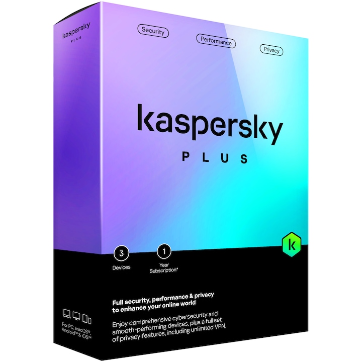 Antivirus Kaspersky Plus, 3 устройства, 1 година, Retail license