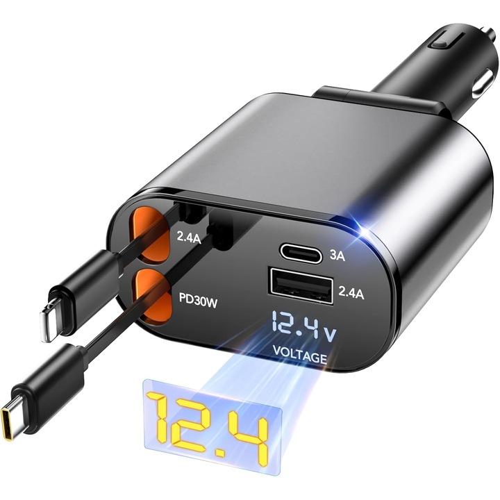 Incarcator Auto Fast Charge Retractabil 4 in 1 Aurov®, Unghi Ajustabil, Afisaj Digital, Design Cu Doua Cabluri Retractabile Type C si Lightning, Doua Porturi Iesire USB si USB-C, Negru/Gri