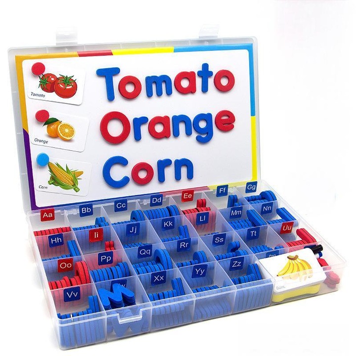 Set de 253 de piese cu litere si numere magnetice, 1 placa magnetica cu doua fete si cutie de depozitare, jucarii educationale pentru copii de 3, 4, 5, 6, 7 ani, Rosu si albastru