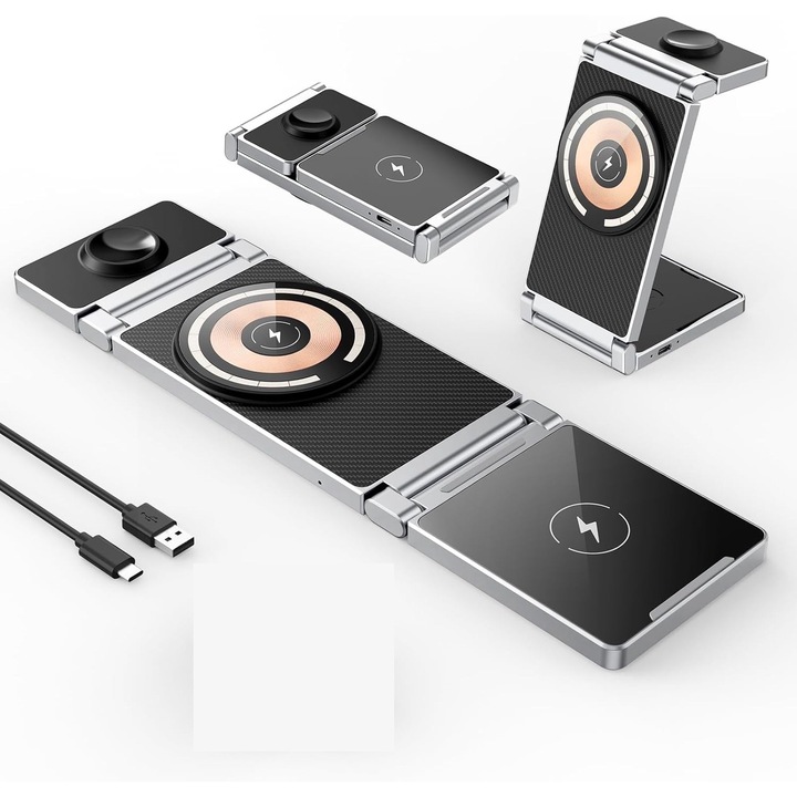 Statie de incarcare magnetica, incarcator wireless Hohosb 3 in 1 pliabil din aliaj de zinc compatibil cu incarcatorul Magsafe pentru seria iPhone 16/15/14/13/12, AirPods Pro/3/2, Apple Watch/iWatch-negru