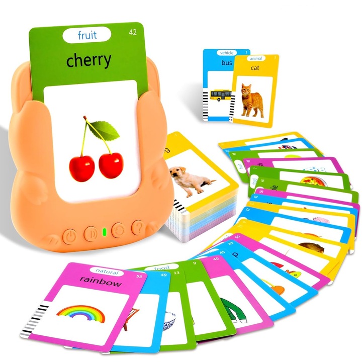 Jucarie educativa Montessori pentru copii, Aurov®, Set masina de invatare cuvinte in limba engleza cu cititor de carduri flash, 224 de cuvinte 112 carduri, incarcare MicroUSB, 2 ani+, Portocaliu