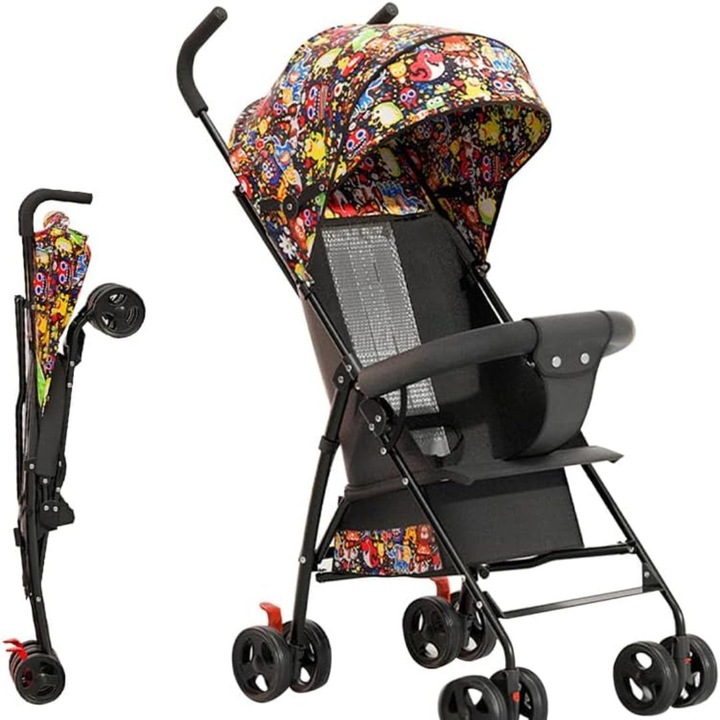 Carucior multifunctional pentru bebelusi pliabil cu copertina protectie UV, roti duble si pivotante, sistem de franare cu pedala, centura de siguranta in 3 puncte, recomandat pentru copii de la 0 la 36 luni, multicolor