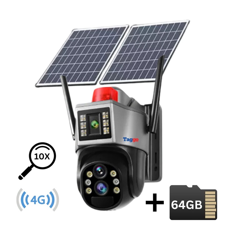 4K kettős napelemes megfigyelő kamera, 4G SIM-kártya csatlakozás, 10-szeres zoom, alkalmazásvezérlés, emberészlelés, automatikus követés, IP66, 64 GB-os kártya