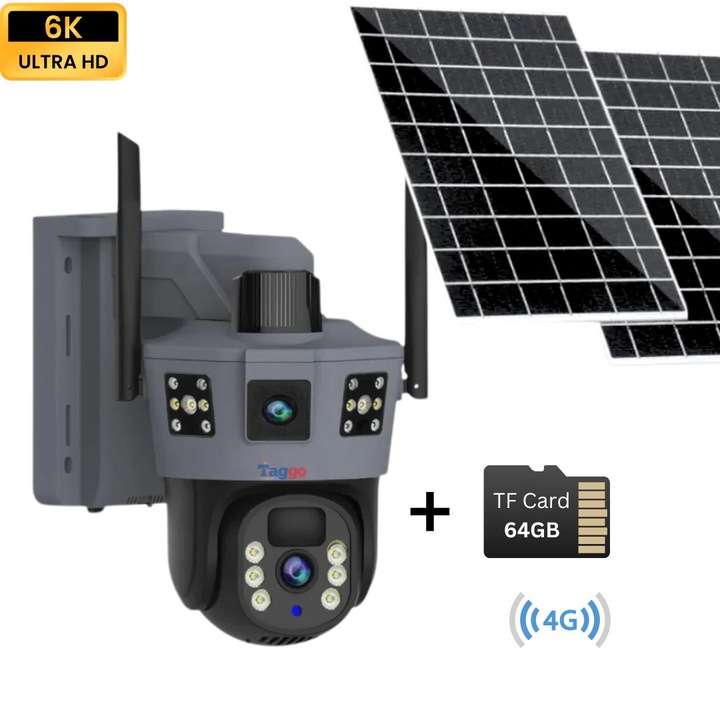 4G 6K Ultra HD kültéri megfigyelő kamera, kettős kamera 12 MP, kettős napelemes töltés, alkalmazásforgatás, IP 66 vízállóság, 64 GB-os kártya