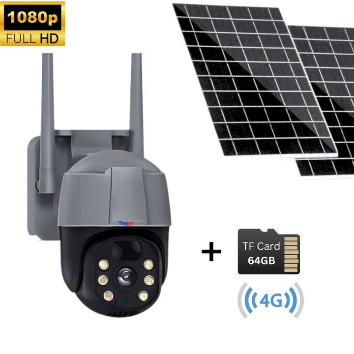 Napelemes kültéri megfigyelő kamera 4G SIM-kártya 5 MP, 10X zoom, Full HD 1080p, 20 W kettős napelem, IP 66 vízállóság, szürke, 64 GB-os kártya