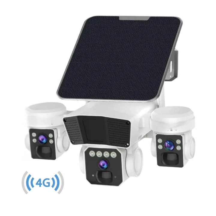 Camera de supraveghere exterior, crocodil solar 4G multi-lentile, 12MP, panou solar 20W, stocare in cloud si SD, Rezistenta la apa IP66, Urmarire persoane