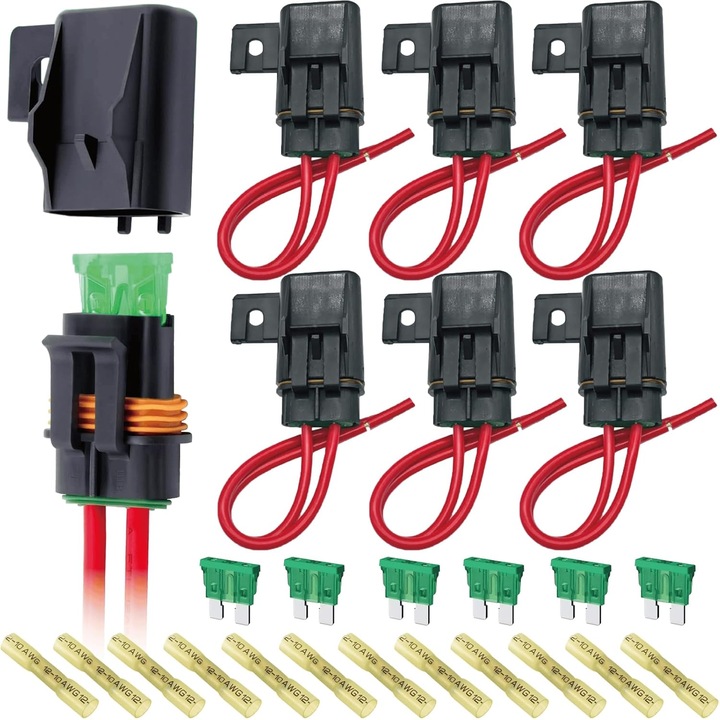 6 db ATO/ATC 12AWG biztosítéktartó készlet, 6 db 30 AMP biztosíték, 12 db hőre zsugorodó csatlakozó, Pili-Paradise, fekete és piros